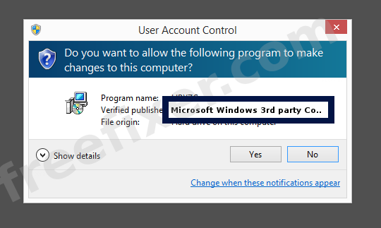 Screenshot where Microsoft Windows 3rd party Component appears as the verified publisher in the UAC dialog